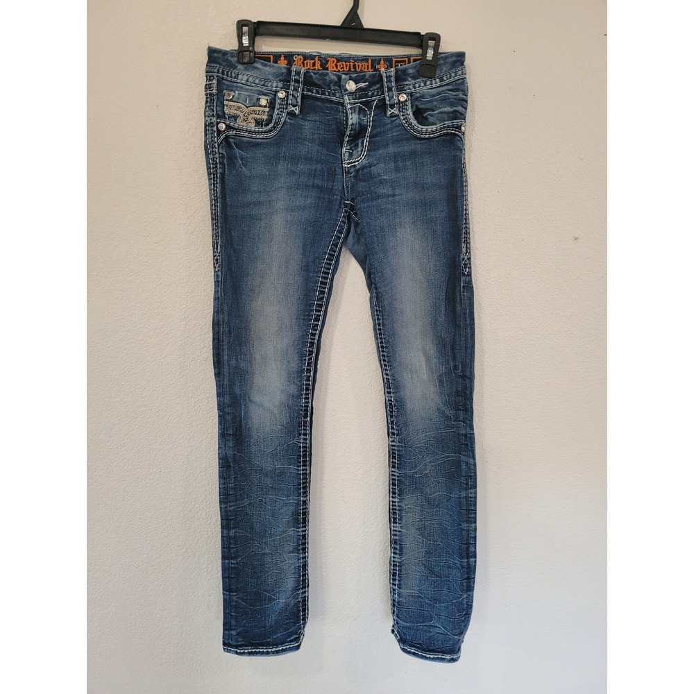 Rock‎ Revival Shaylee Straight Leg Jeans Blue Rhinestone Embellished Size 27 #2
